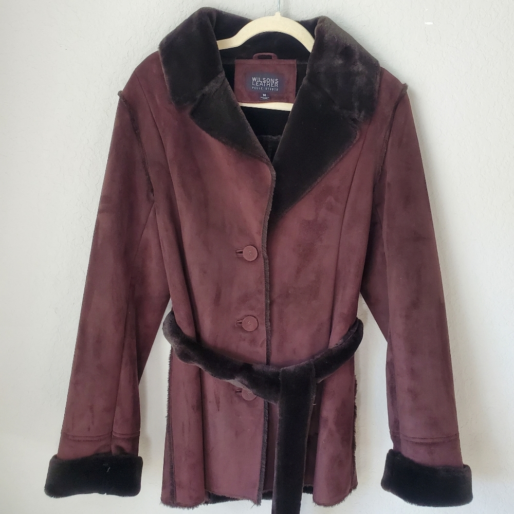 Wilsons Brown Faux Suede and Shearling Trim Coat